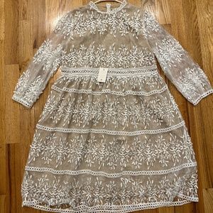 NEW Ivy City Co SICILY LACE DRESS long sleeves WHITE & BEIGE midi dress 3X